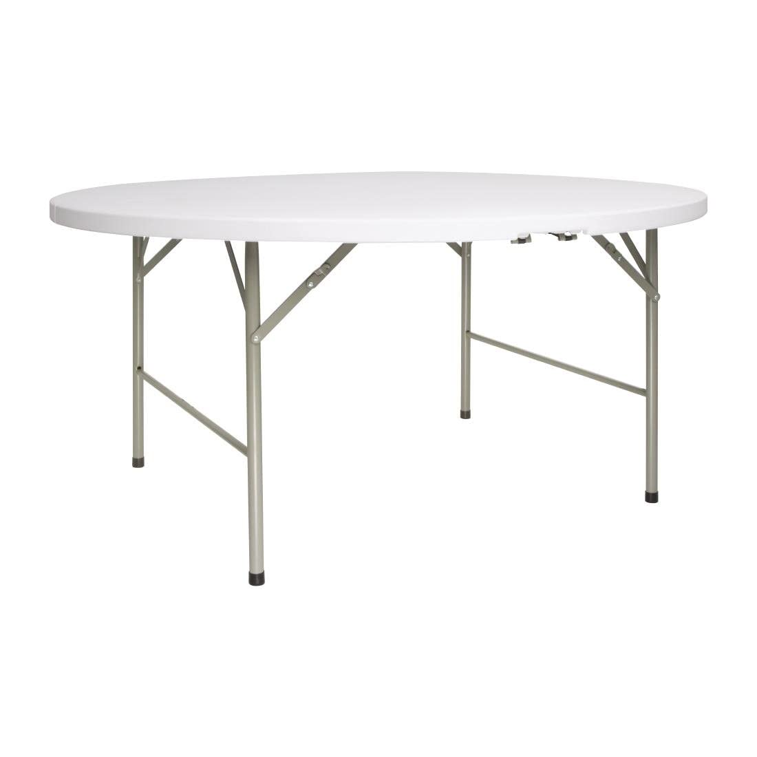 Table ronde pliante blanche à plateau en polyéthylène et pieds en acier dans un intérieur lumineux