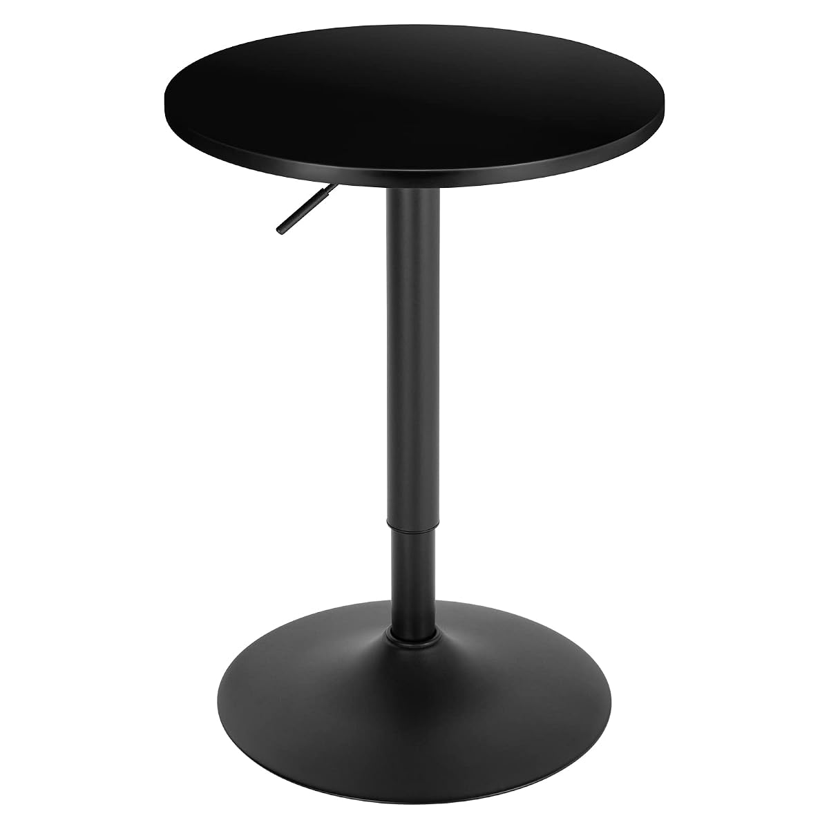 Table haute noire à plateau rond pivotant et pied central chromé dans un intérieur lumineux