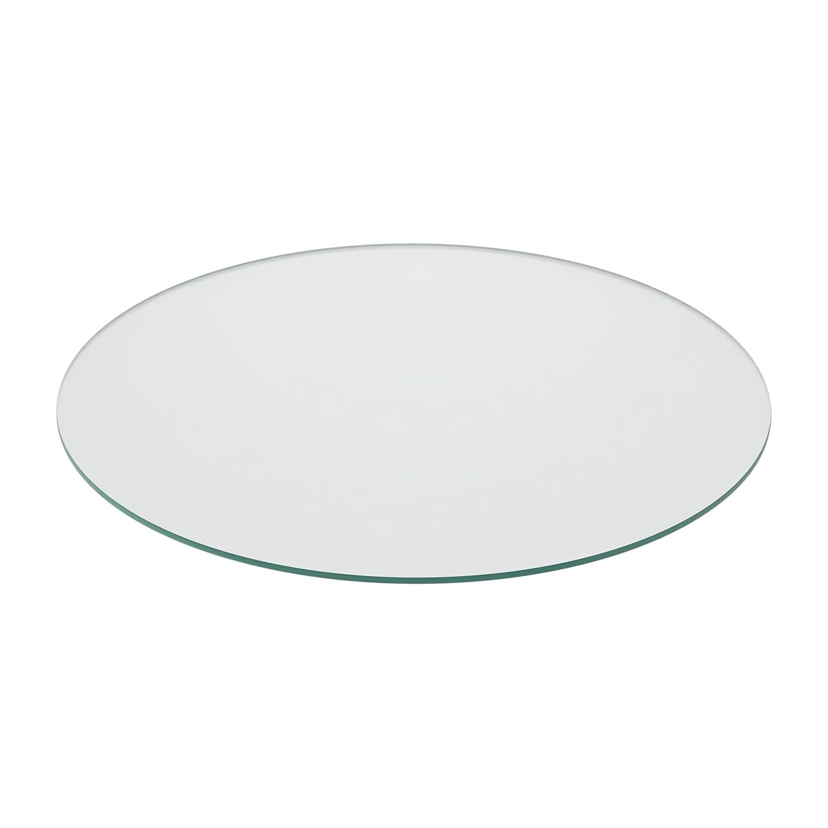 Plaque ronde transparente en verre trempé posée sur une table en bois naturel.