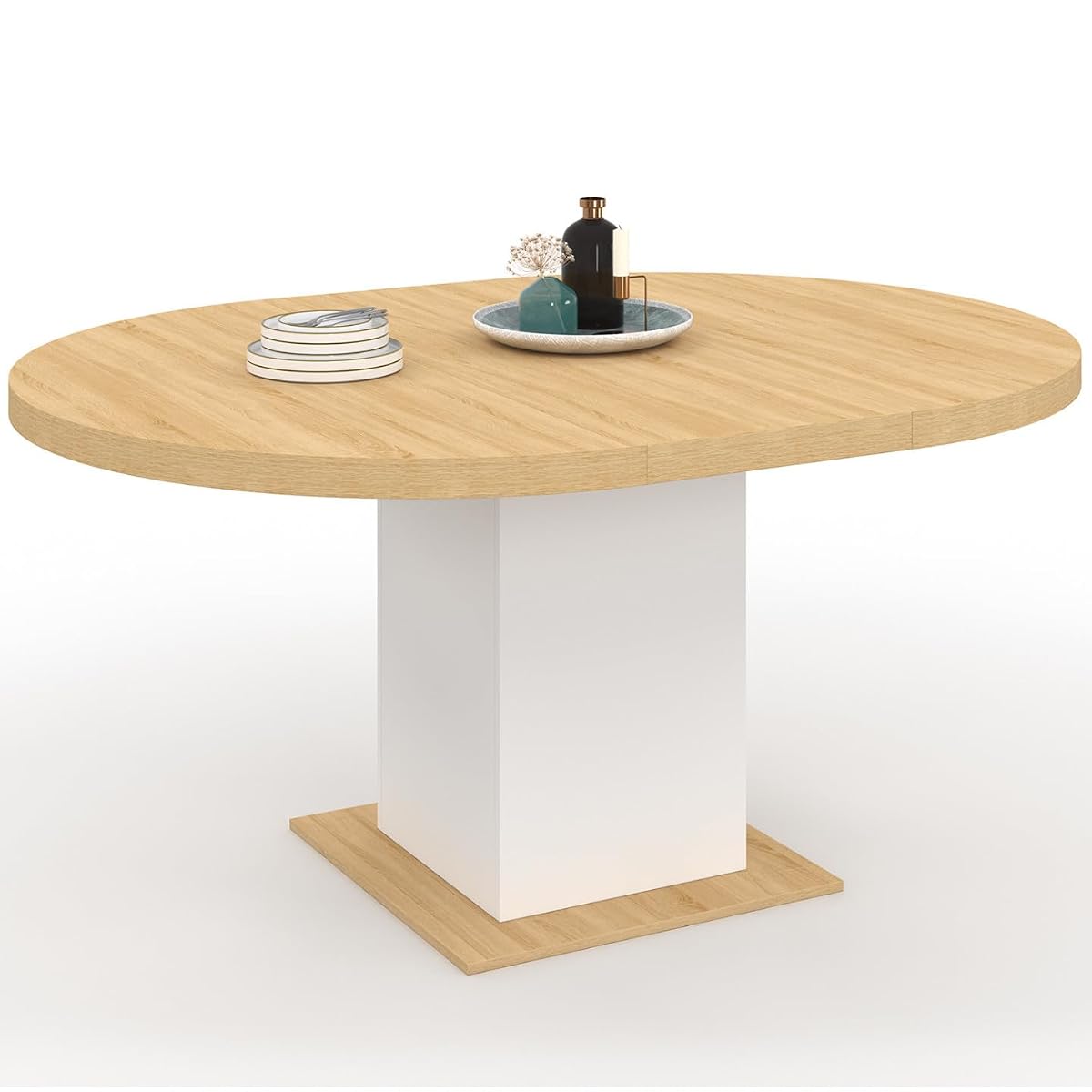 Table ronde Eden en bois clair et blanc, avec plateau épais et pied central carré