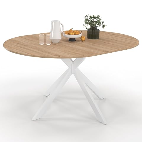 Table à manger ronde extensible Alix avec plateau aspect bois et piètement araignée en métal blanc