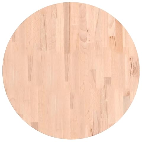 Plateau rond de 60 cm en hêtre massif marron clair, posé seul dans un intérieur lumineux