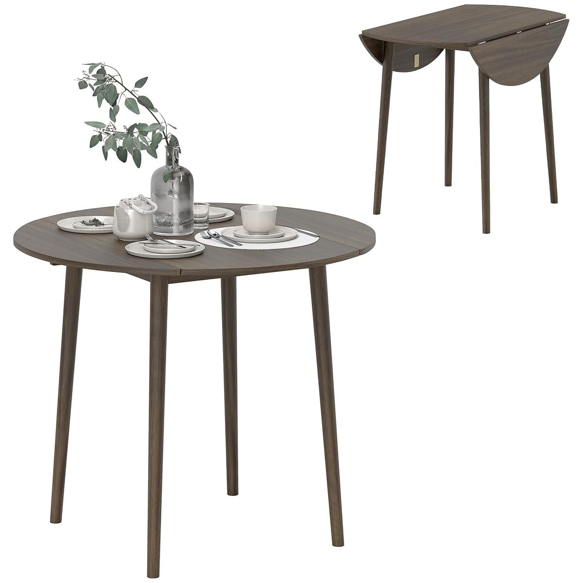 Table ronde pliante grise à deux abattants, avec pieds en pin, dans un intérieur lumineux