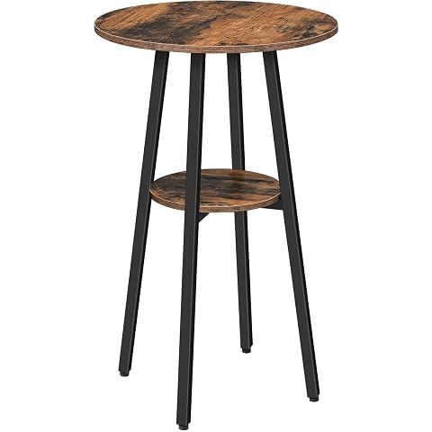 Table de bar ronde Hoobro à deux plateaux, finition marron rustique et cadre métallique noir.