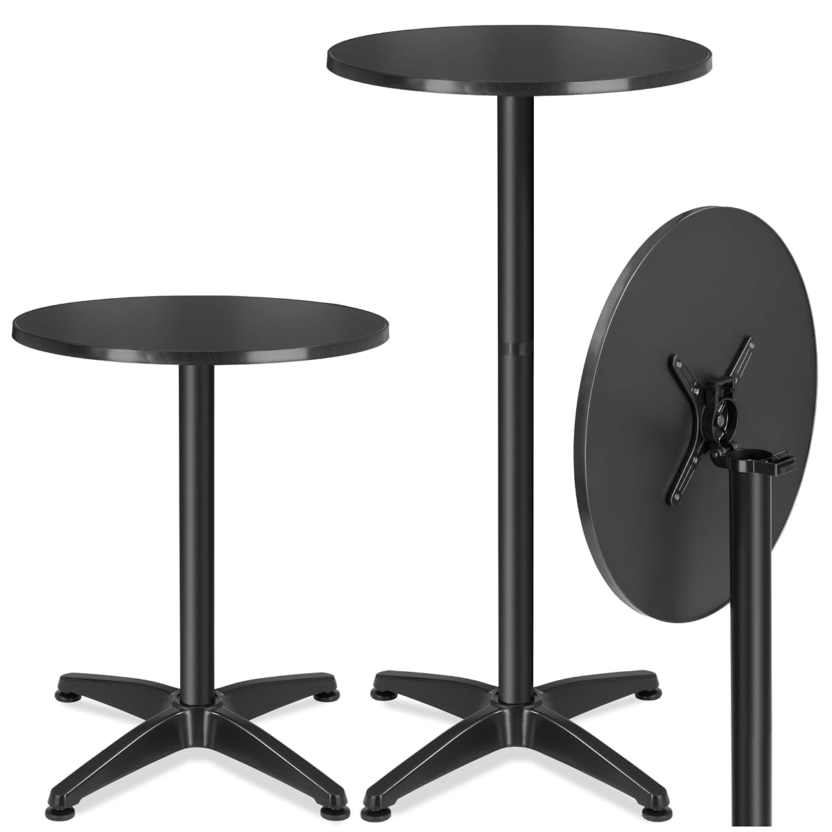 Table de bistrot ronde noire pliable, avec plateau circulaire et piètement en aluminium