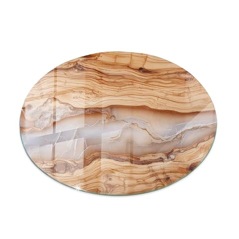 Plateau rond Tulup en verre trempé, avec motif bois naturel et surface lisse