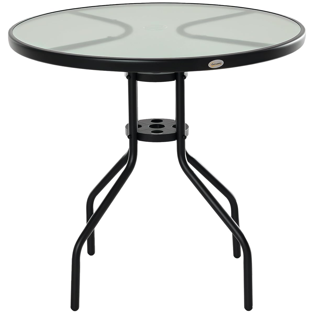 Table bistro ronde de jardin en verre trempé et acier époxy, avec trou central pour parasol