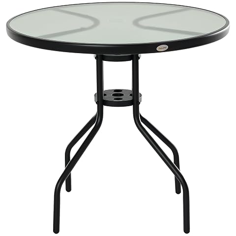Table bistro ronde de jardin en verre trempé et acier époxy, avec trou central pour parasol