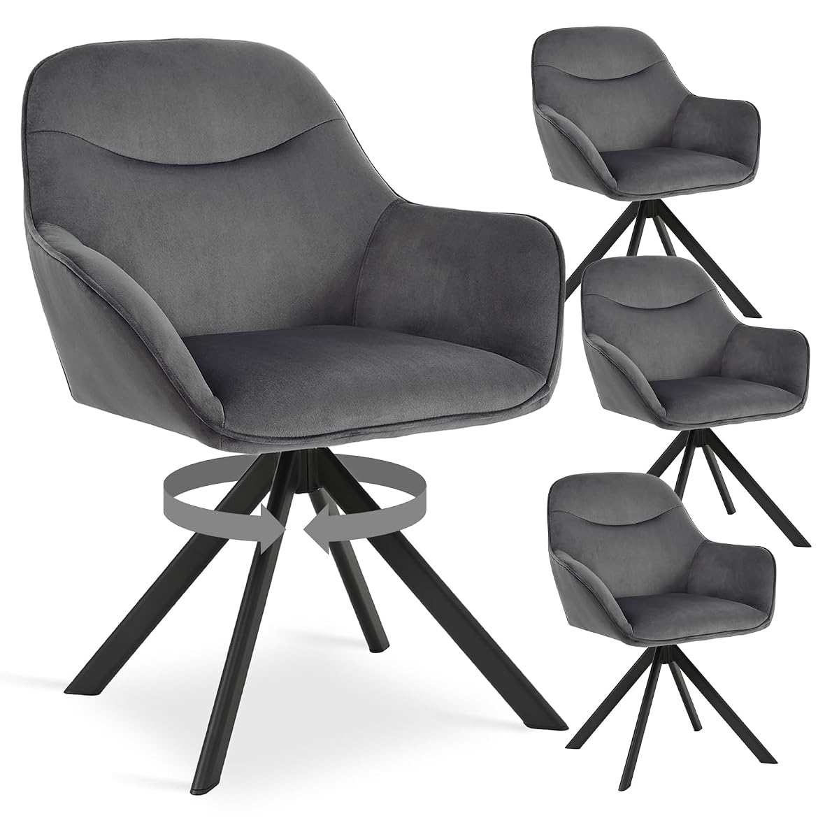 Quatre chaises pivotantes en velours gris foncé avec accoudoirs autour d’une table ronde