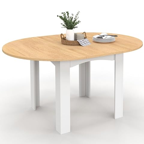Table ronde extensible Dona déployée, avec plateau façon hêtre et pieds blancs