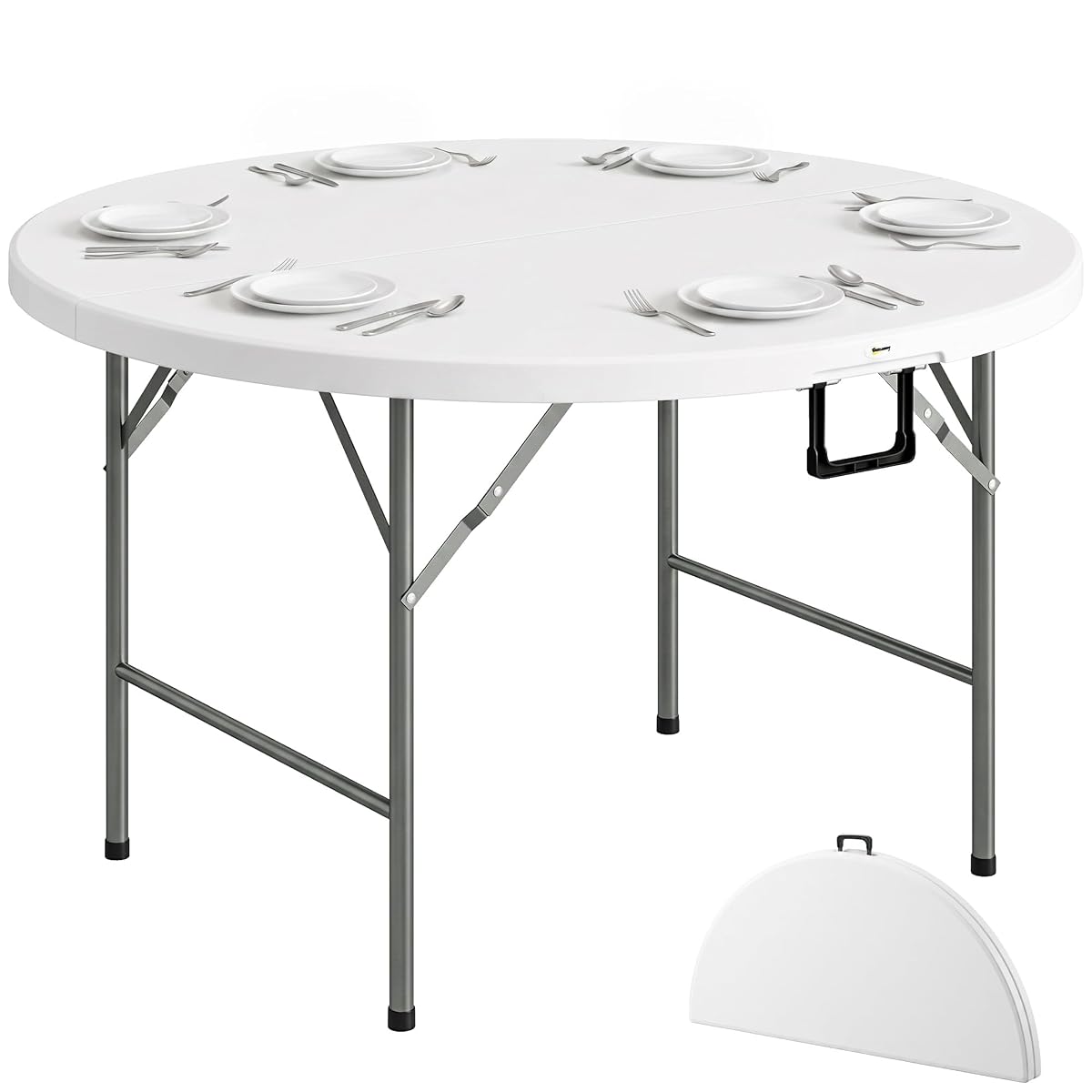 Table ronde pliante blanche avec plateau en HDPE et pieds en acier, installée sur une terrasse lumineuse.