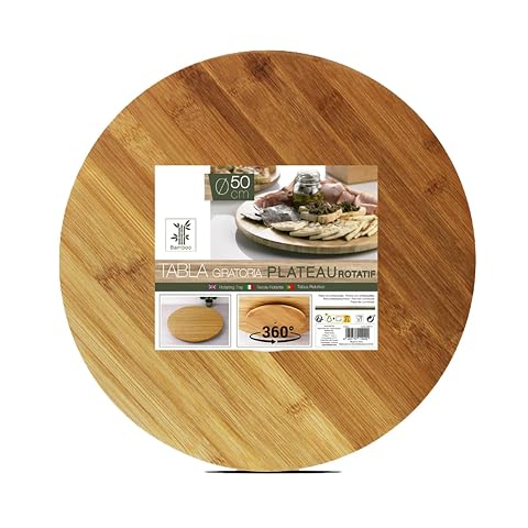 Plateau tournant rond en bambou brun clair, garni de mets à partager au centre d’une table en bois