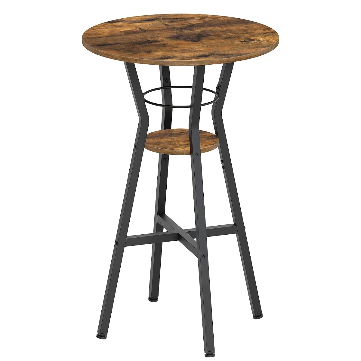 Table de bar ronde à deux niveaux, plateaux marron rustique et piètement métallique noir