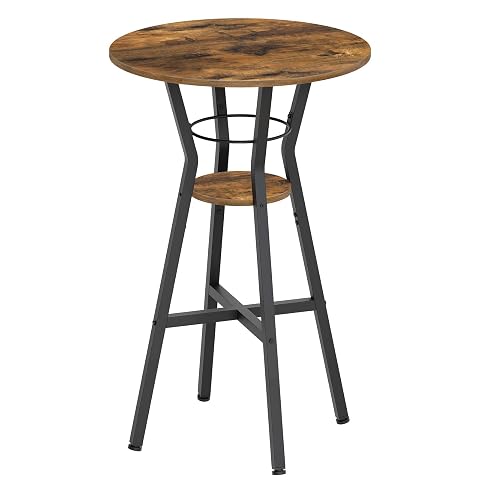 Table de bar ronde à deux niveaux, plateaux marron rustique et piètement métallique noir