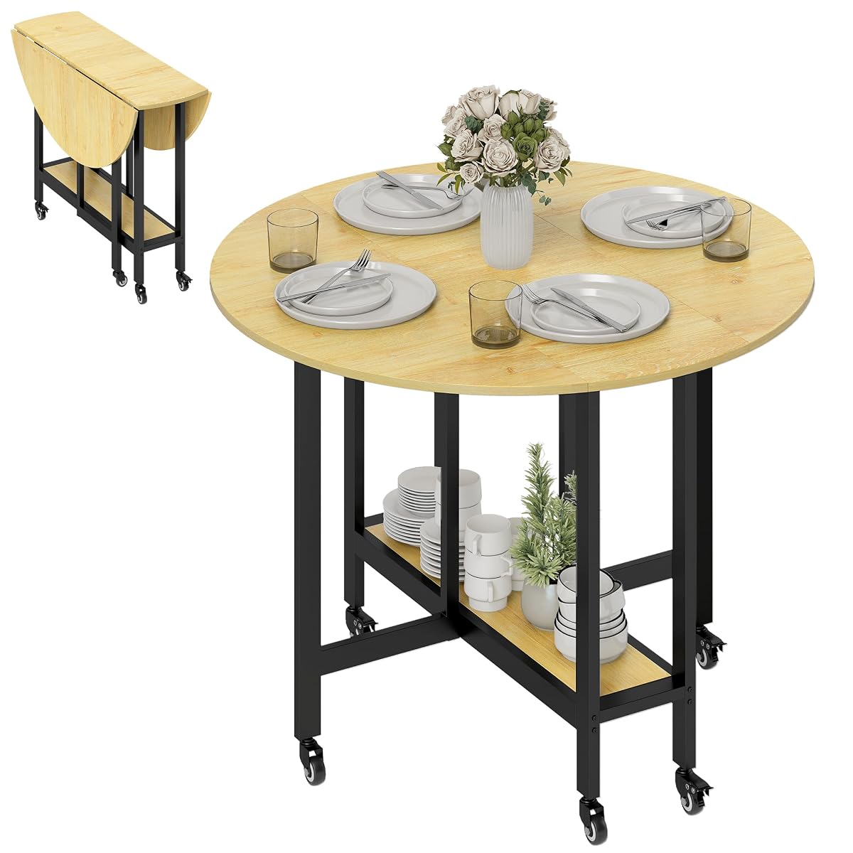 Table ronde pliante effet chêne avec étagère ouverte et roulettes dans une cuisine lumineuse