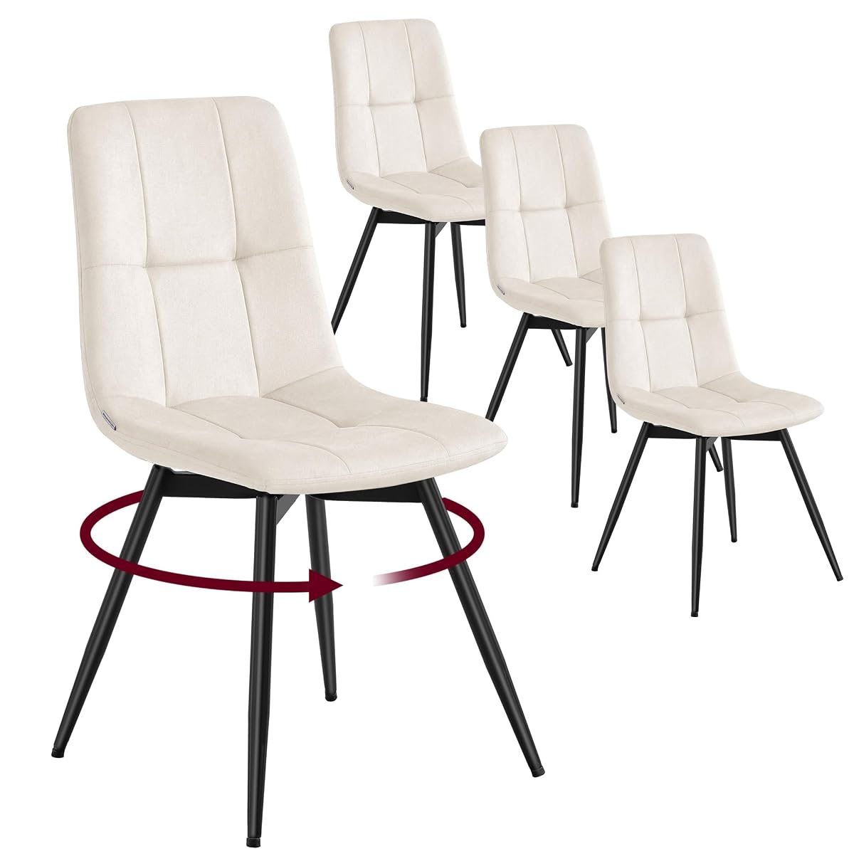 Quatre chaises de salle à manger en velours beige cappuccino autour d’une table ronde en bois