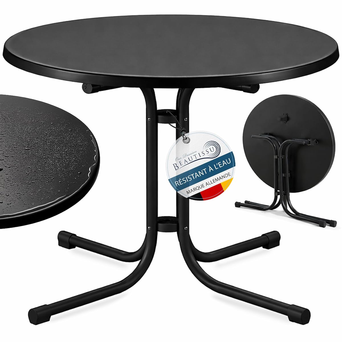 Table bistrot ronde noire Beautissu dépliée sur une terrasse claire, avec son piètement métallique.