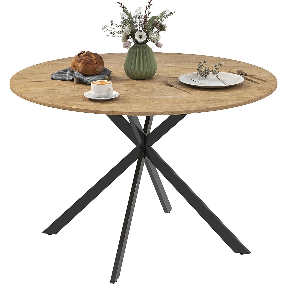 Table ronde aspect chêne avec plateau mélaminé et piètement croisé en acier noir.