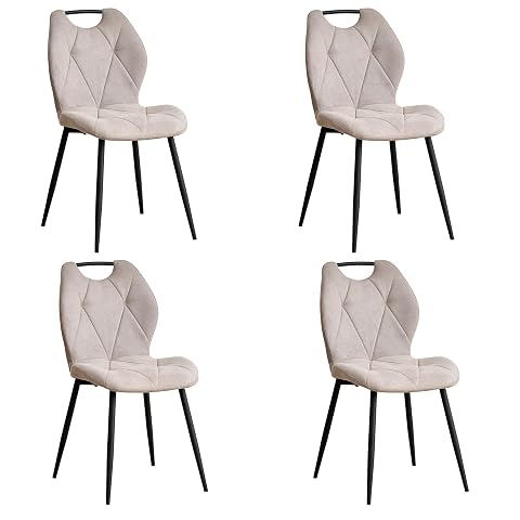 Quatre chaises beiges à dossier losangé et pieds métalliques autour d’une table ronde en bois clair.