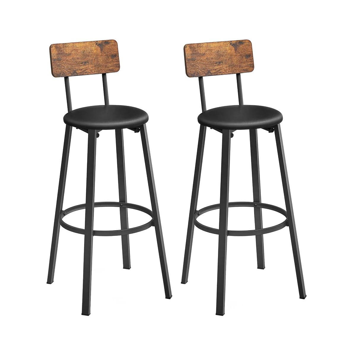 Deux tabourets de bar Barnet marron rustique et noirs près d’une table ronde haute