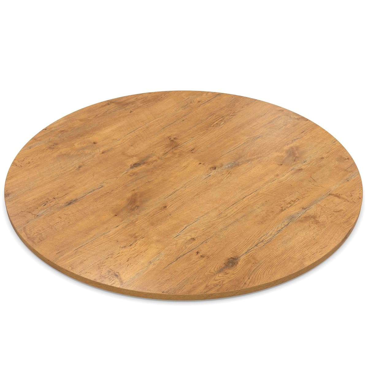 Plateau rond en décor chêne pâle avec son chant ABS visible, posé dans un intérieur clair.