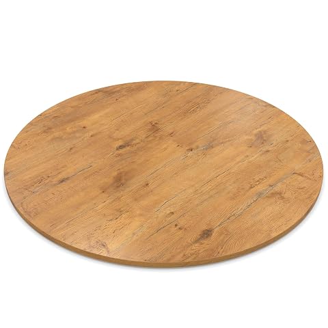 Plateau rond en décor chêne pâle avec son chant ABS visible, posé dans un intérieur clair.