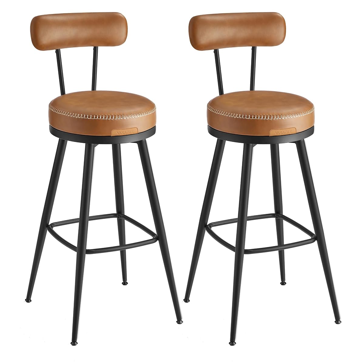 Deux tabourets de bar marron caramel à dossier, avec piètement noir et assise pivotante