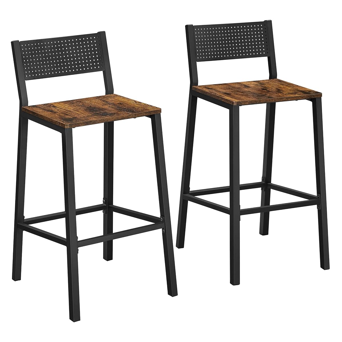 Deux tabourets de bar marron rustique et noir, avec dossier incliné et repose-pieds