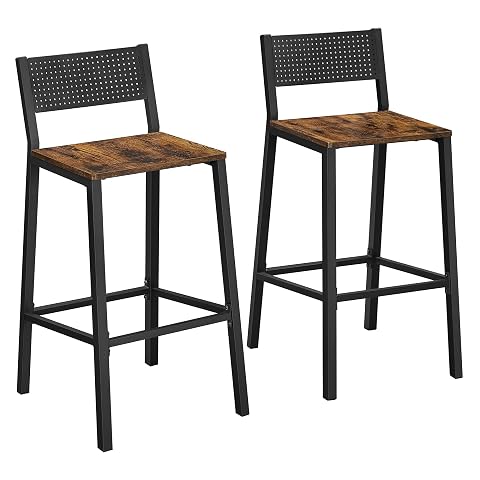 Deux tabourets de bar marron rustique et noir, avec dossier incliné et repose-pieds