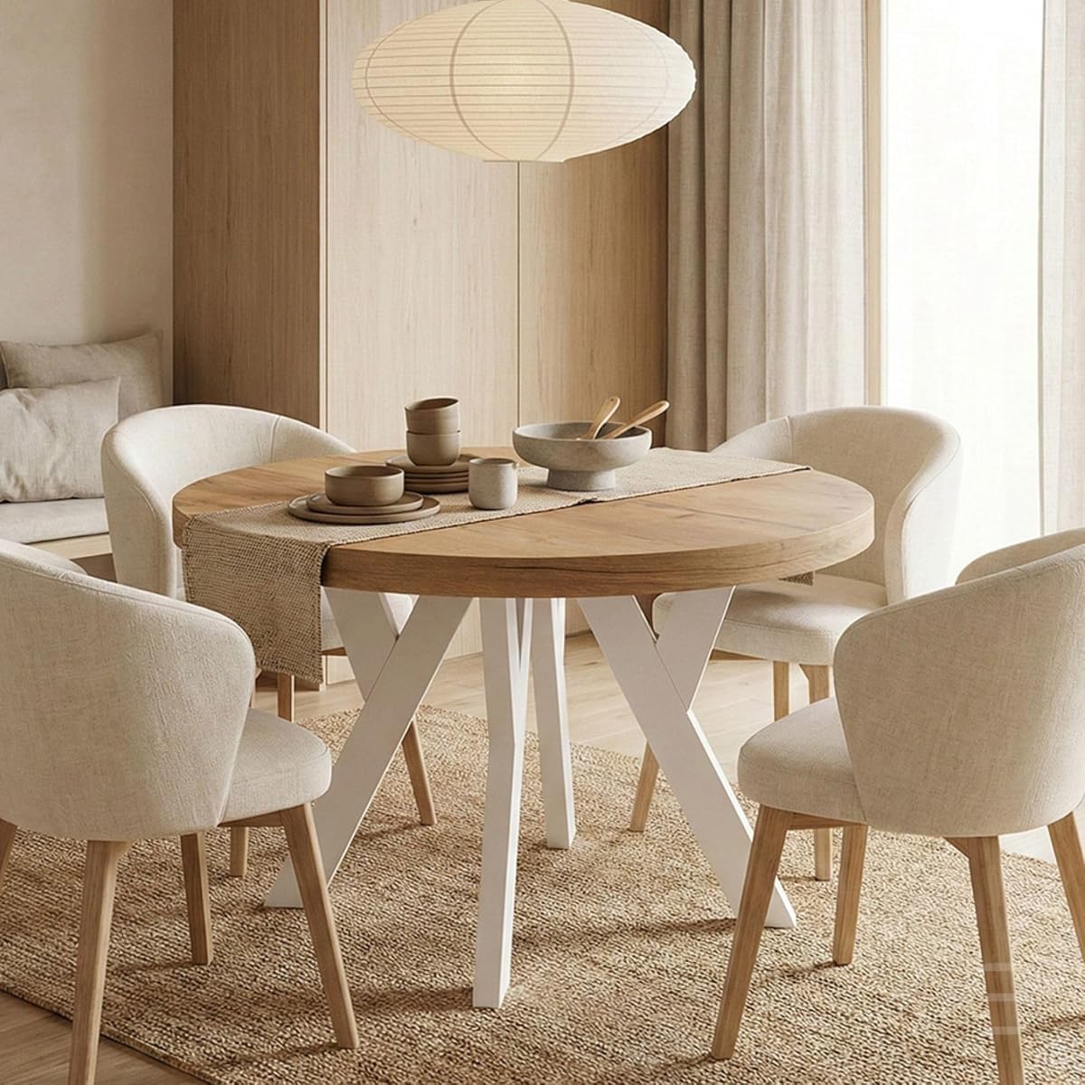 Table ronde extensible Pero, plateau blanc et piètement en bois chêne artisan, présentée ouverte dans un intérieur lumineux.