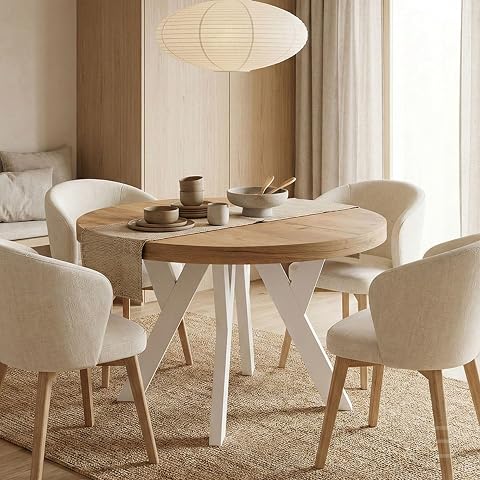 Table ronde extensible Pero, plateau blanc et piètement en bois chêne artisan, présentée ouverte dans un intérieur lumineux.