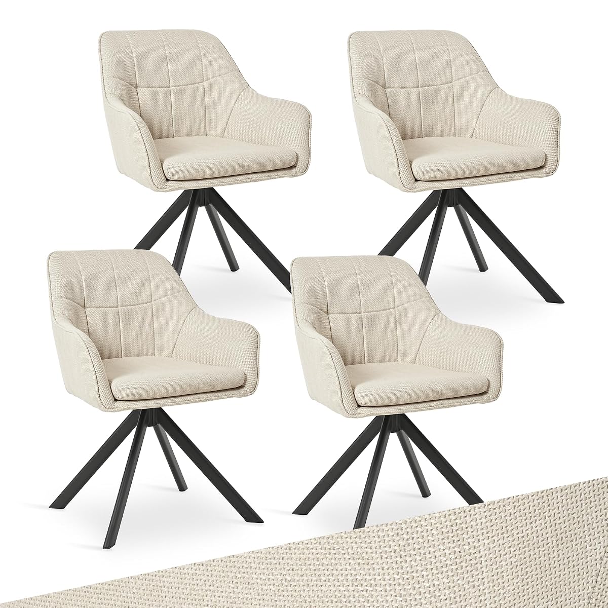 Quatre chaises pivotantes en polyester beige avec accoudoirs autour d’une table ronde en bois