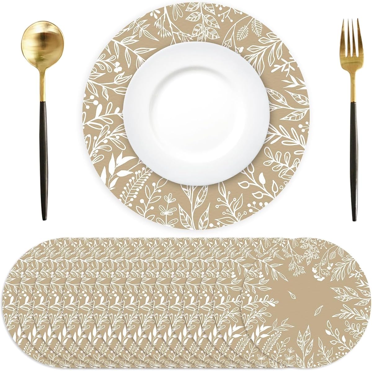Sets de table ronds en papier beige à motif feuillage, avec un exemplaire présenté à plat sur une table en bois.