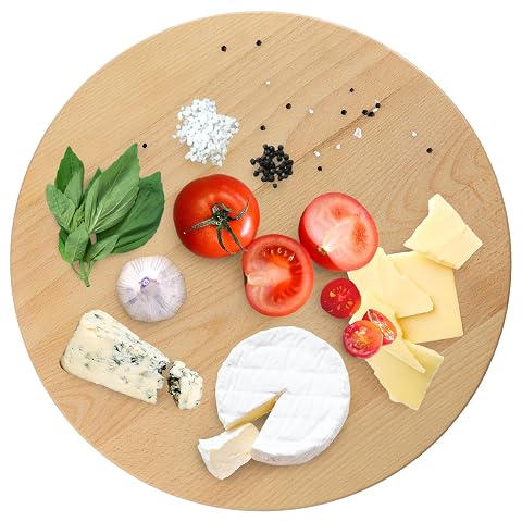 Plateau tournant rond en bois brun de 60 cm, garni de fromage sur une table en bois clair.