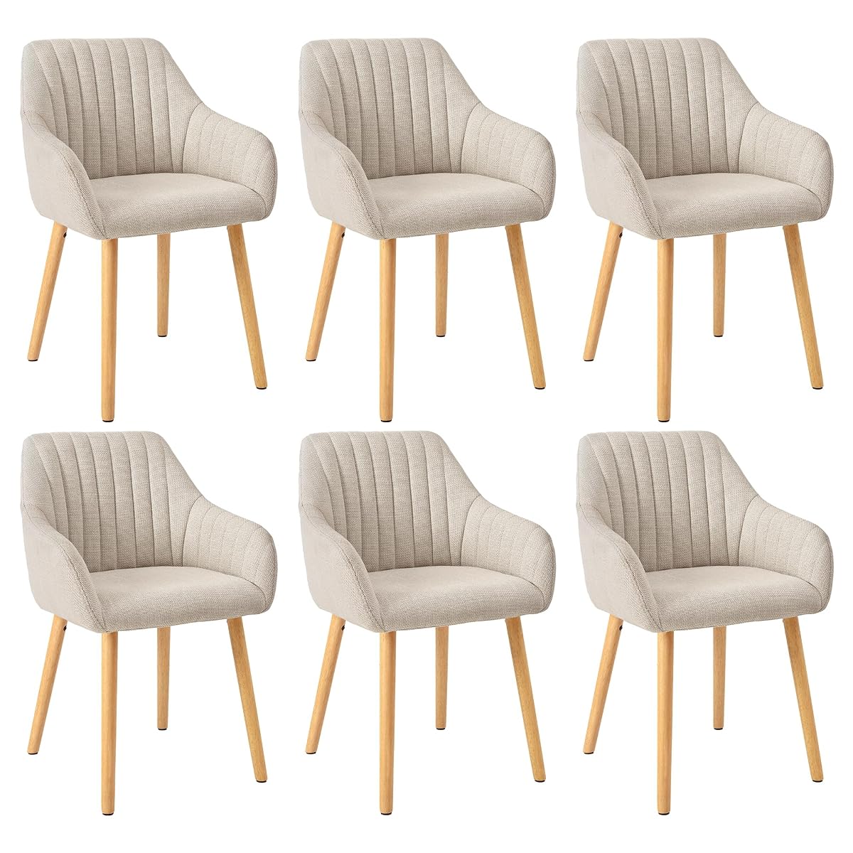 Six chaises beige Brook à accoudoirs et dossier incurvé dans une salle à manger lumineuse