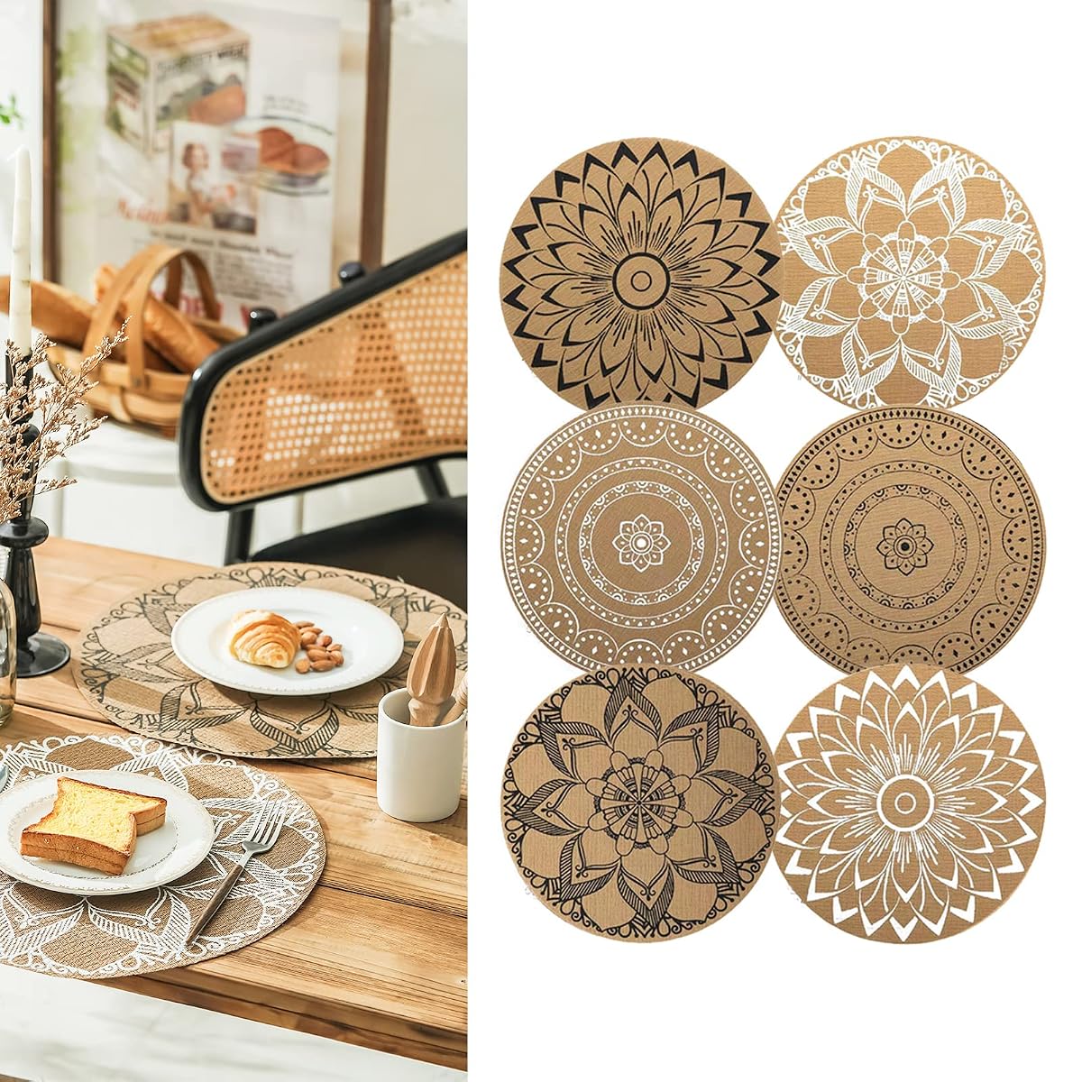 Six sets de table ronds en PVC aux motifs bohèmes variés sur une table en bois naturel