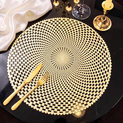Six sets de table ronds dorés en PVC, au motif ajouré en spirale