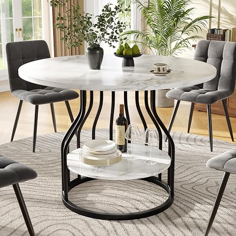 Table ronde Merax à plateau blanc effet marbre, pieds noirs et étagère intégrée