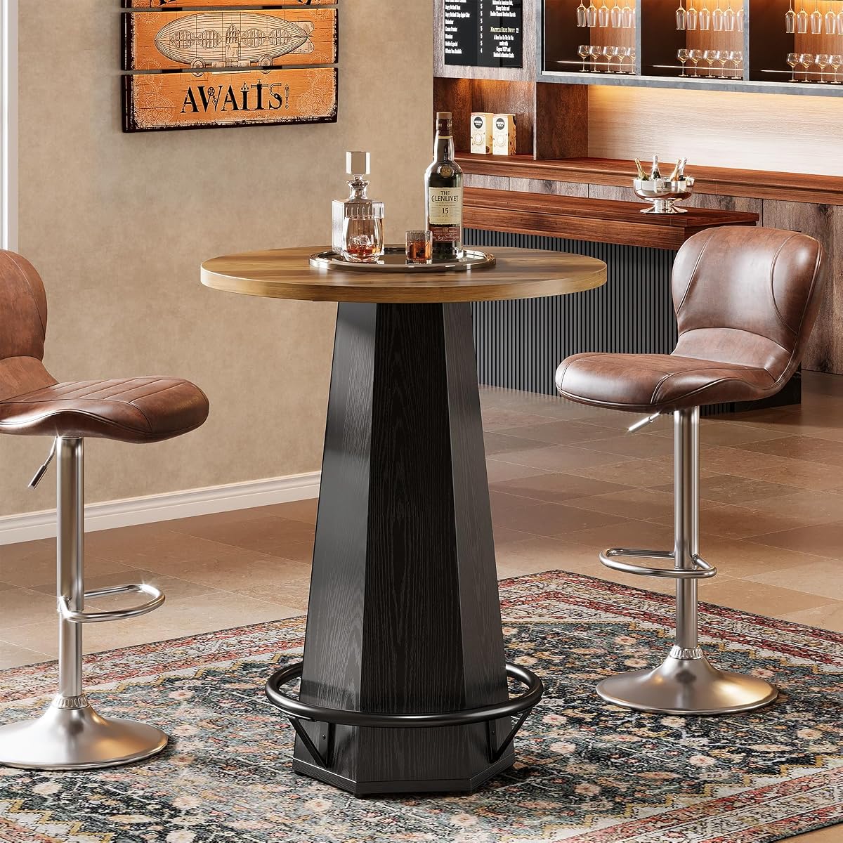 Table de bar ronde marron et noire avec repose-pieds métallique dans un intérieur lumineux