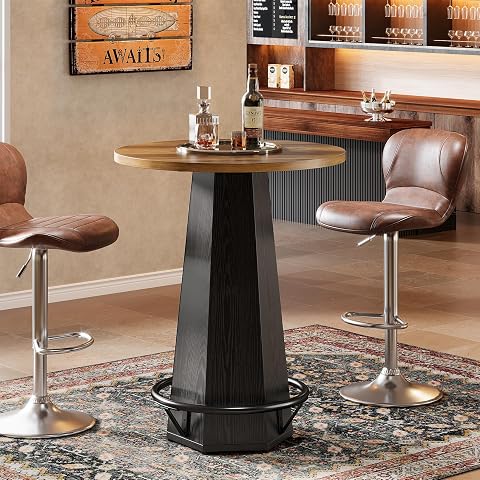 Table de bar ronde marron et noire avec repose-pieds métallique dans un intérieur lumineux