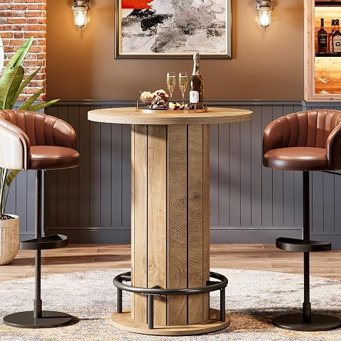 Table de bar ronde marron clair avec base en bois décorative et repose-pieds métallique