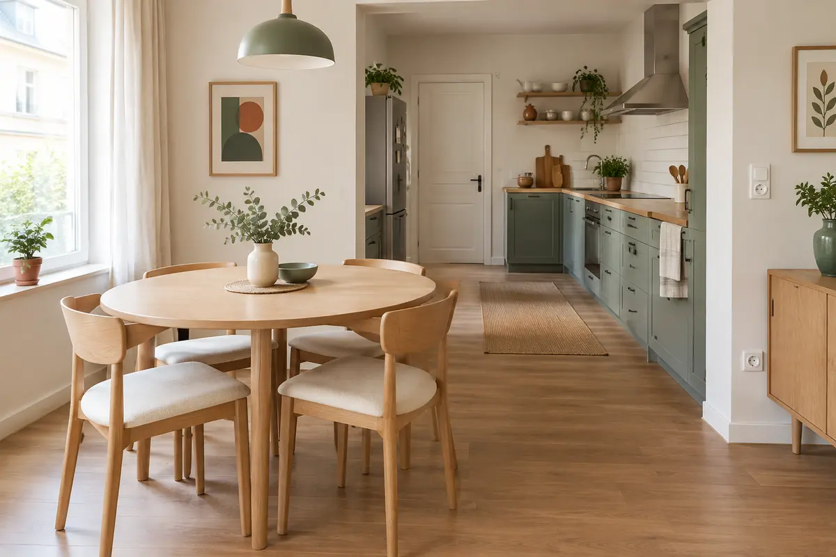 Petite salle à manger avec table ronde compacte et passage dégagé vers la cuisine