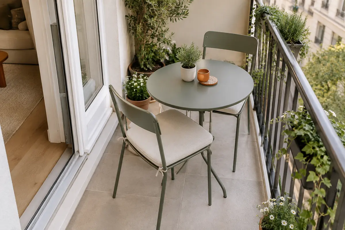 Table ronde compacte et deux chaises sur un balcon, avec un passage libre vers la porte-fenêtre.