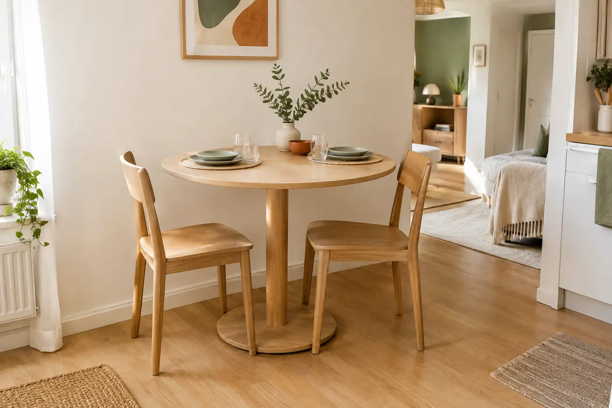Petite table ronde en bois pour deux personnes installée dans un coin repas de studio