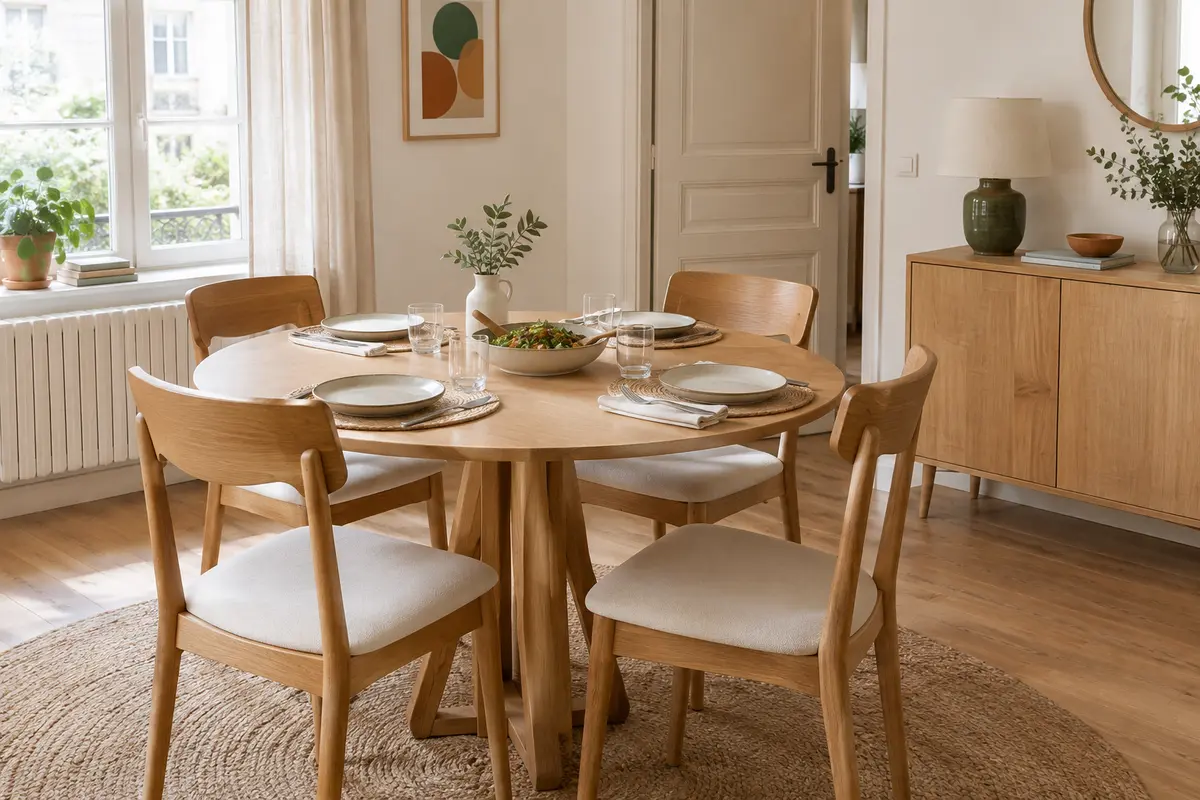 Table ronde dressée pour quatre dans une petite salle à manger avec des chaises et un passage dégagé.