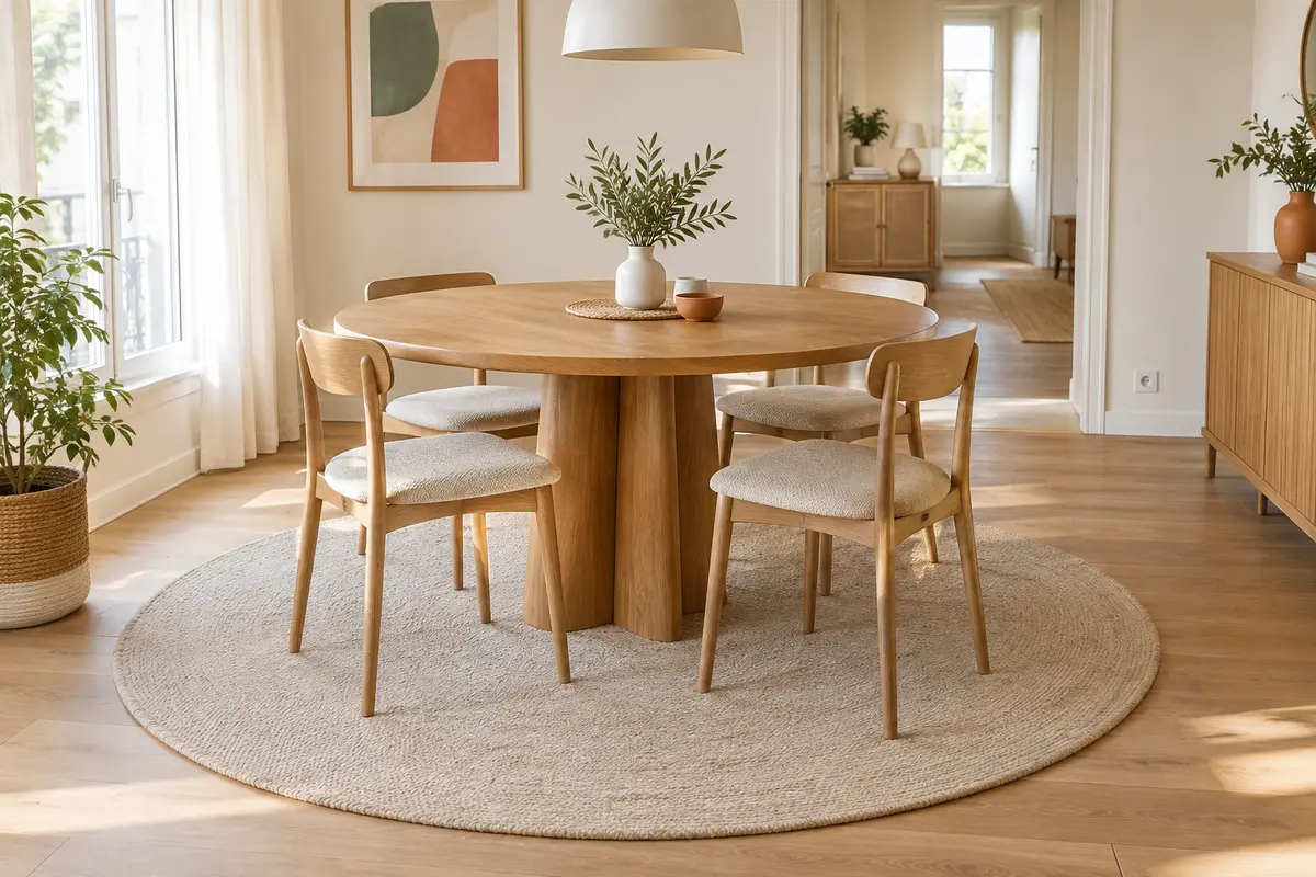 Table ronde et chaises reculées sur un tapis assez grand, avec un passage dégagé autour.