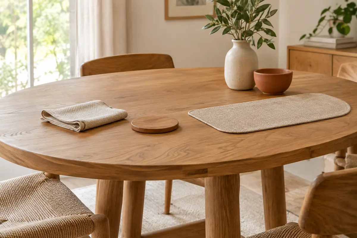 Table ronde en bois massif avec un chiffon doux et des protections de table après le repas