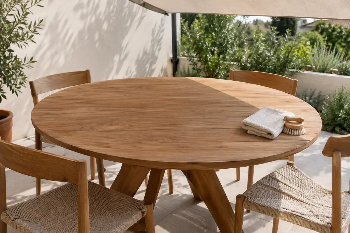 Table ronde de jardin en bois propre sur une terrasse ombragée, avec chiffon et brosse douce à proximité.