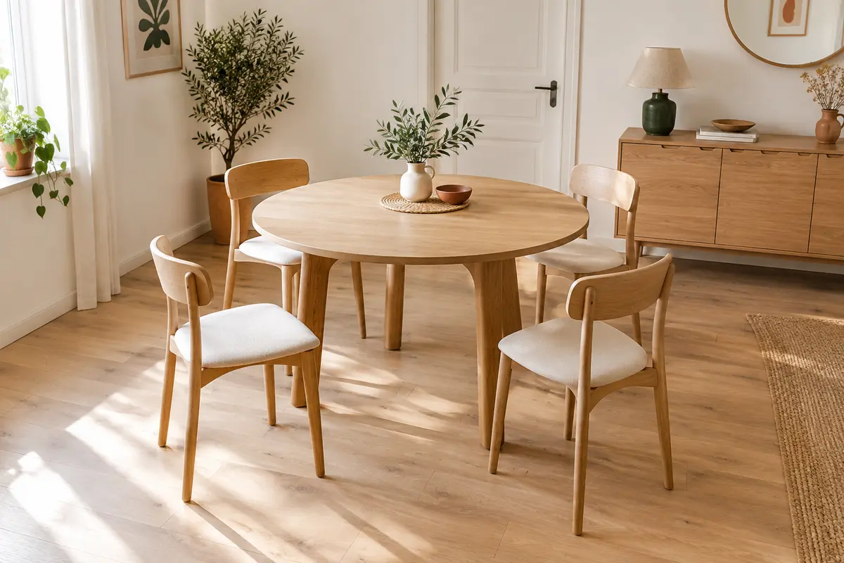 Table ronde entourée de chaises avec un passage dégagé vers le mur et le buffet