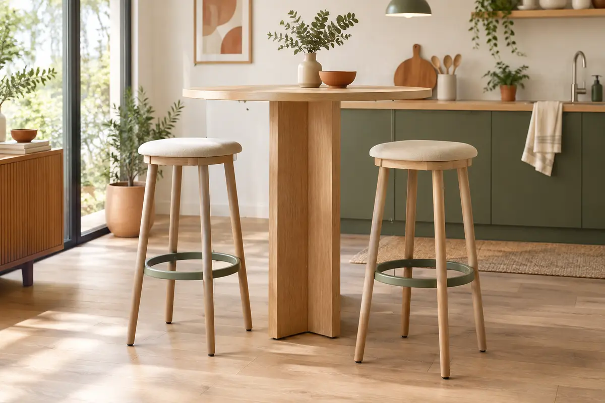 Table ronde haute en bois clair avec tabourets à repose-pieds dans une cuisine lumineuse
